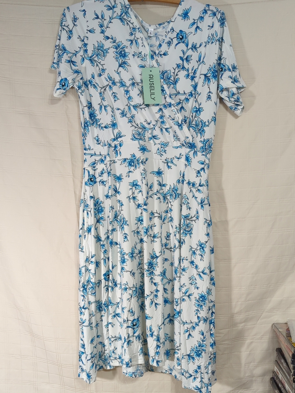 Auselily Blue Floral Faux Wrap-Style Short Sleeve  Women's Dress Large